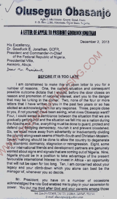 letter from obasanjo to goodluck jonathan